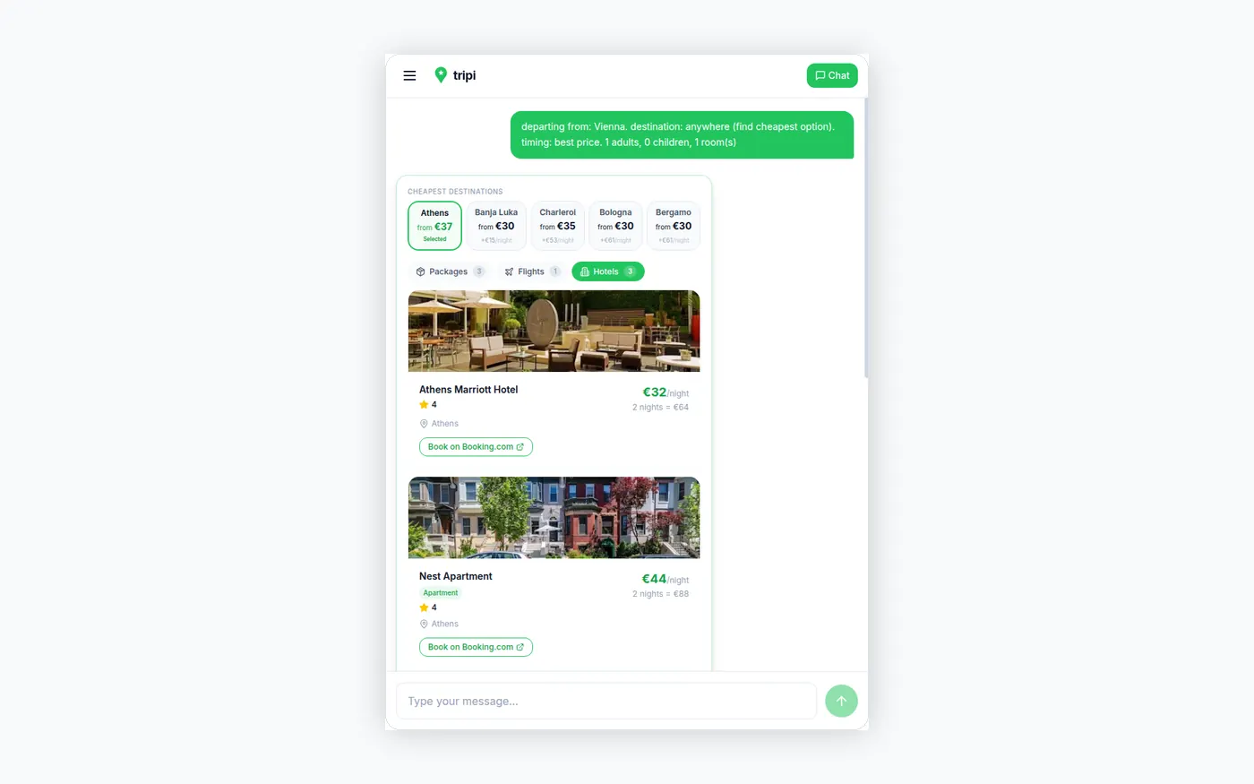 A set of hotels with prices per night